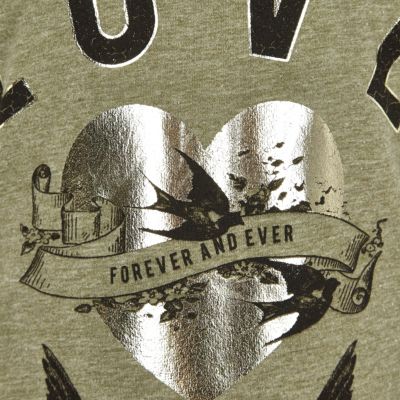 Girls khaki green burnout &#39;Love&#39; band T-shirt